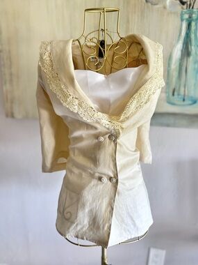 Regina Porter Linen Lace Collar Blazer Cream Vintage Cottage Chic 14